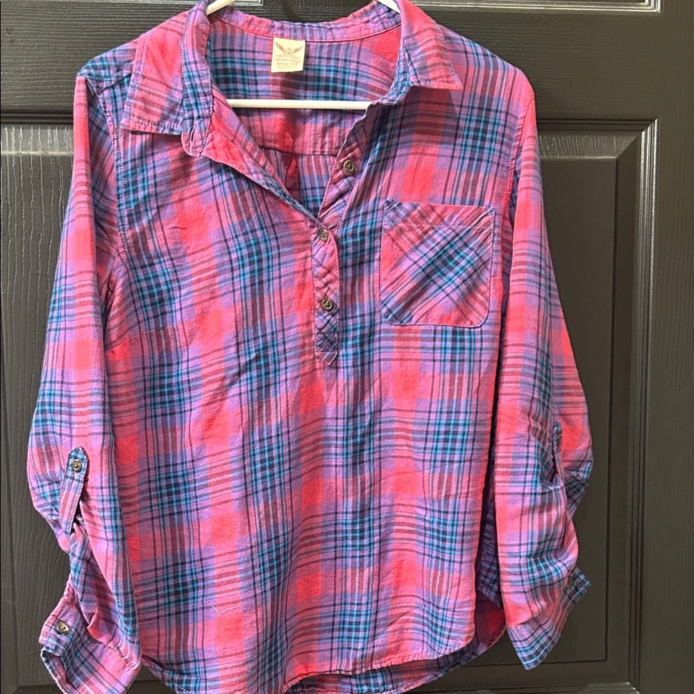 Pink Plaid Roll-Sleeve Shirt